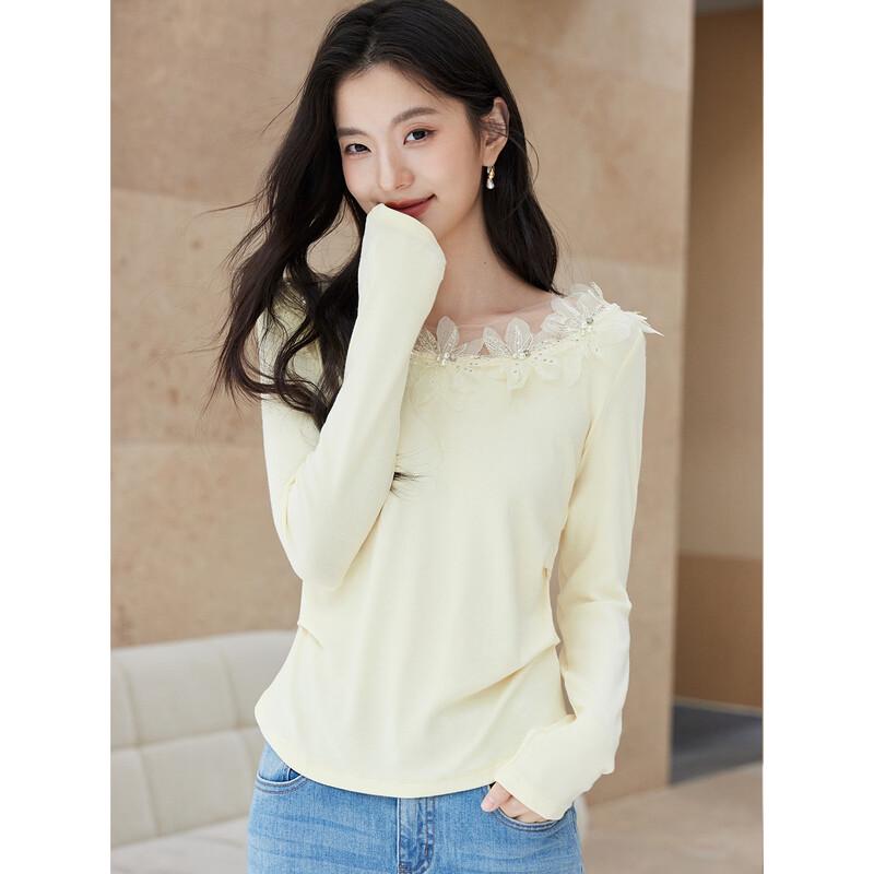 La Chapelle Women's Long-Sleeve T-Shirt with Beaded Tulle Collar