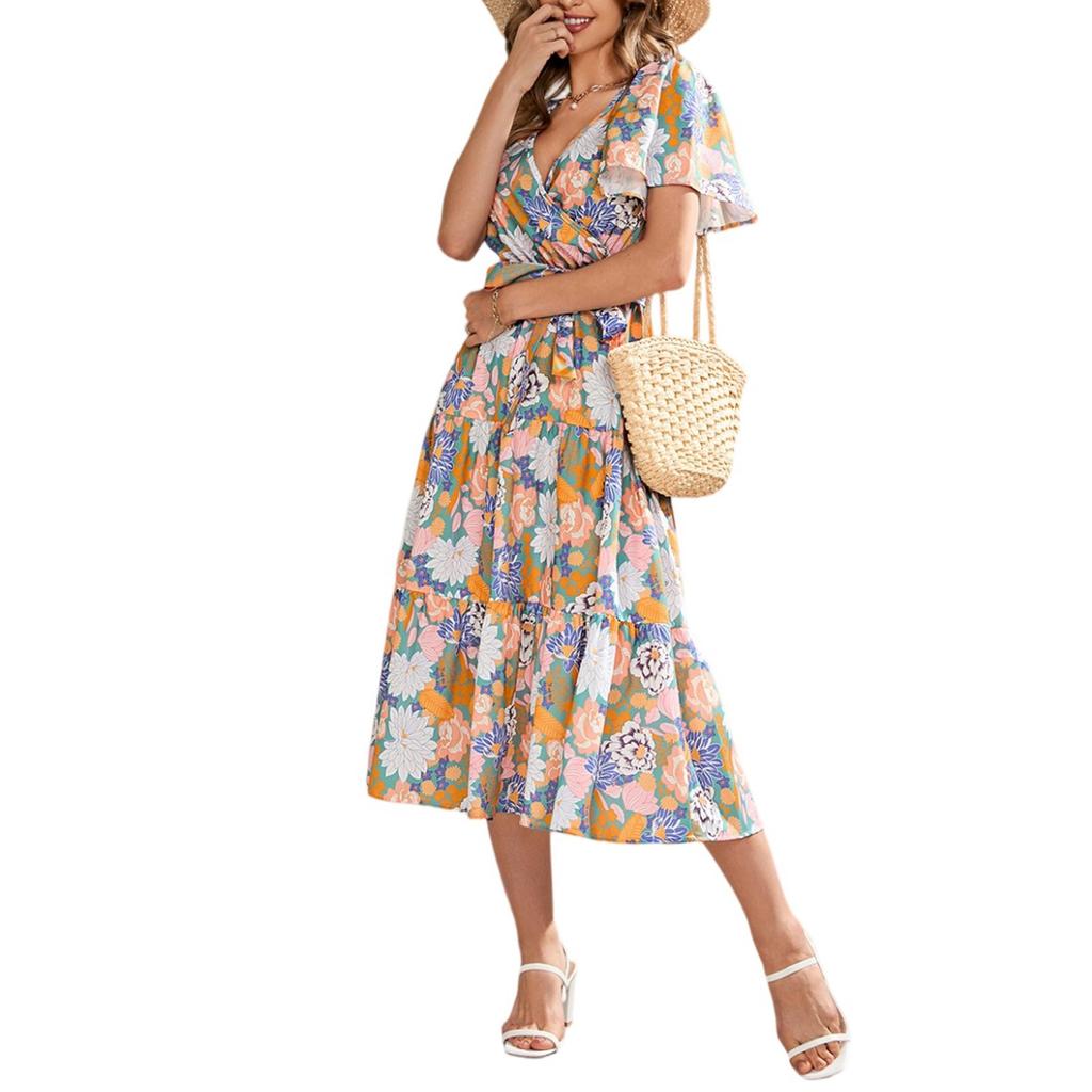 Women's Dresses Printed V-Neck Waisted Mid-Length Short Sleeve Dresses