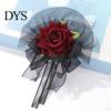 Artificial Rose Hand Flower Black Burgundy Tulle Mesh Corsage for Bridal Groom, Gothic Aesthetic Wristwear Women Boutonniere Wedding, Prom,