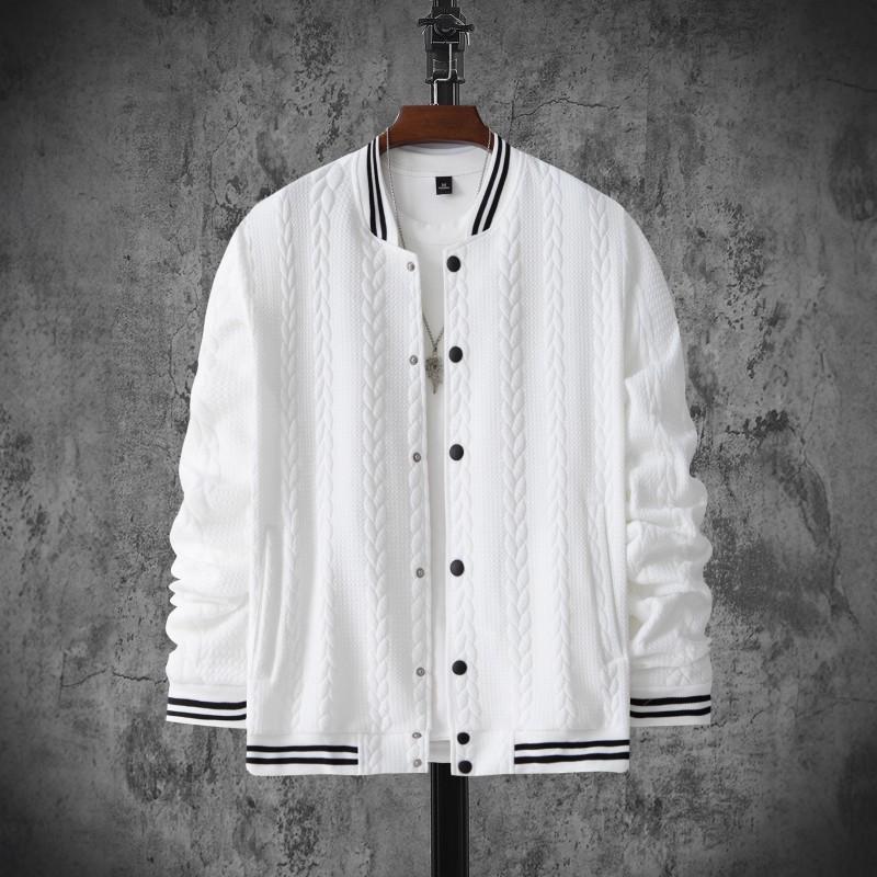 Mens Winter Casual Knit Baseball Jacket With Jacquard Single-Breasted Stand Collar Slim Fit