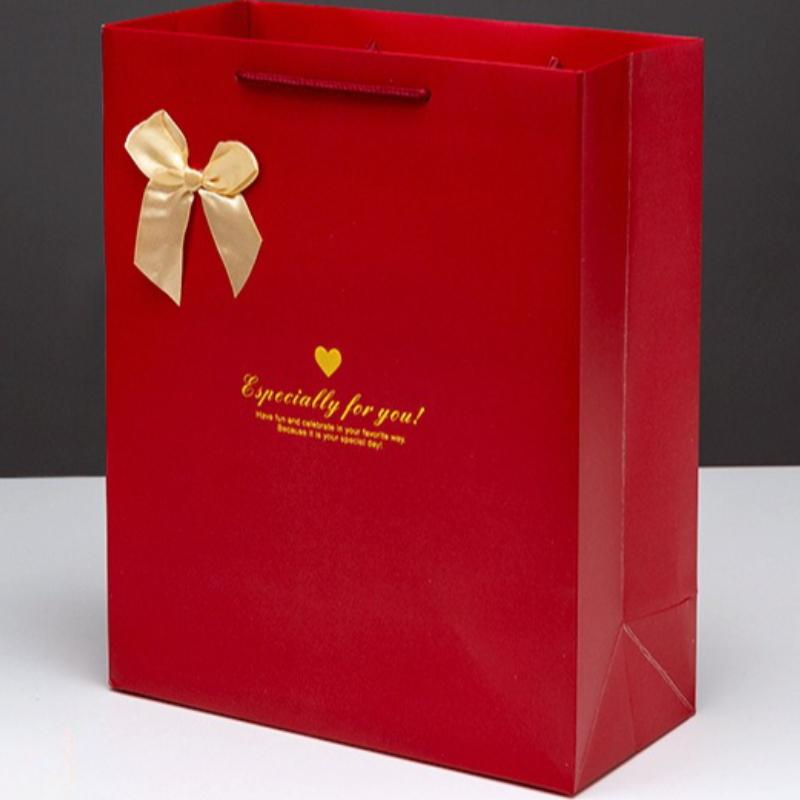 20pcs High End Hot Stamping Thicken Bow Handbag Wedding Birthday Party Gift Bags Golden Clothing Store Packaging Paper Pouches Red Shopping Pockets