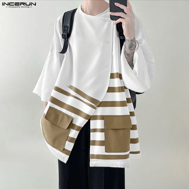 INCERUN Oversized Men Casual Loose 3/4 Sleeve Splits Irregular Front Cross Striped Print T-Shirts Tops