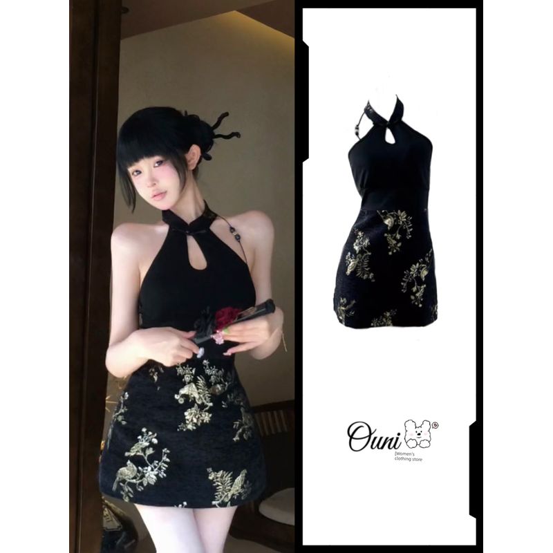 

Новое платье ципао в китайском стиле, улучшенный национальный стиль, короткая юбка, лето 2025, сексуальная юбка с принтом, с контролем талии, А-силуэта Black((In Stock)) S