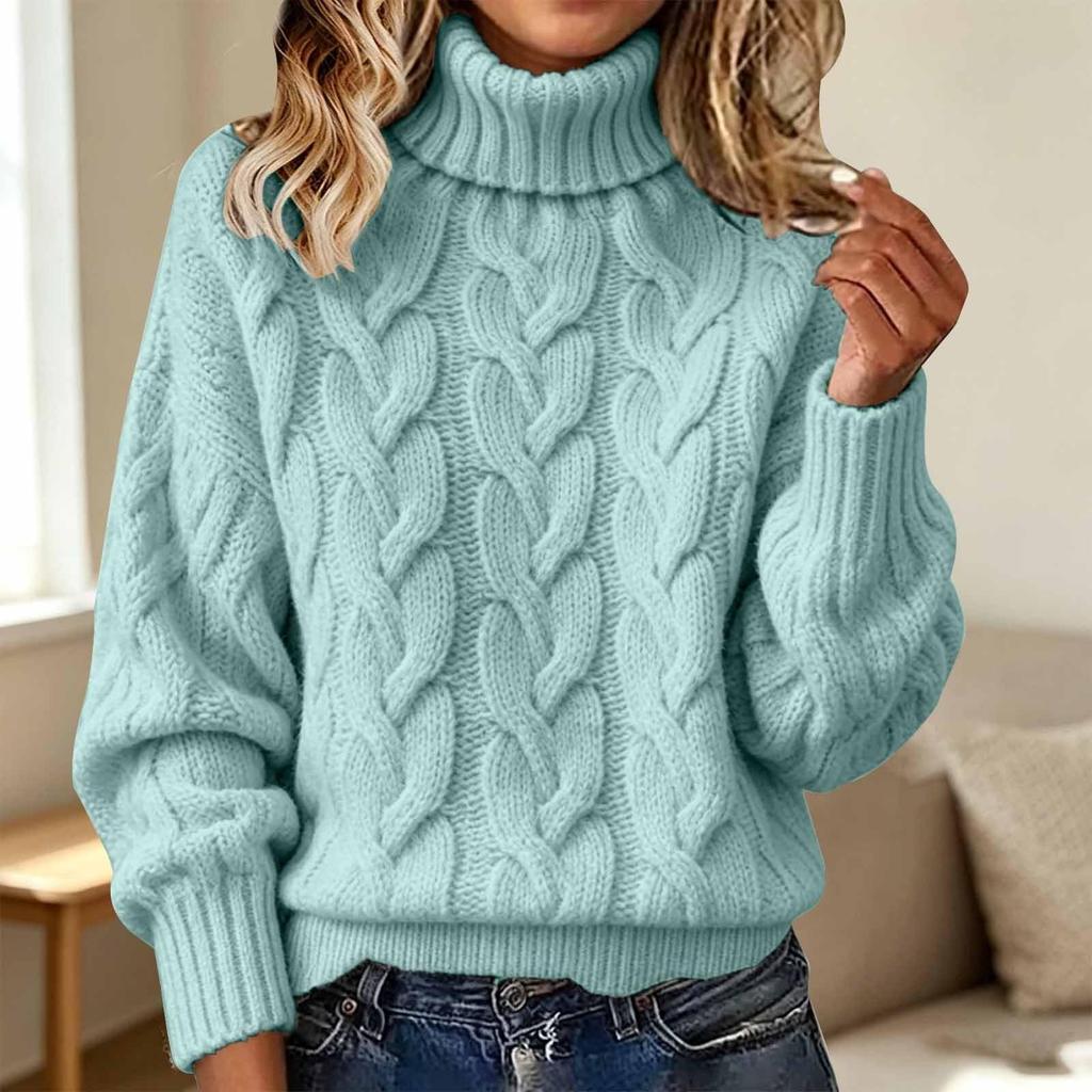 Damen-Strickpullover mit Rollkragen, langen Ärmeln, einfarbig und mit Zopfmuster