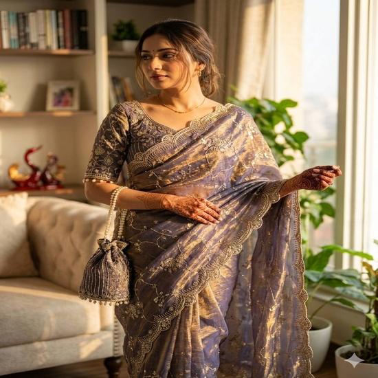 Premium Metallic Lavender-Grey Frendy Chiffon Saree with Gold Zari Embroidery & Scalloped Borders FREE SIZE