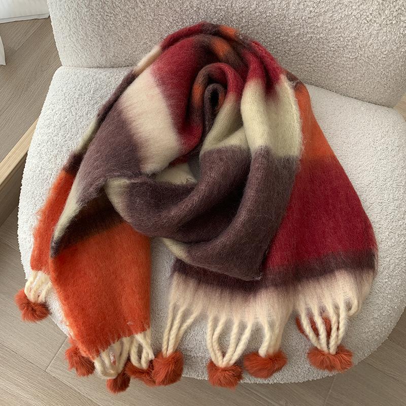 Dopamine Color Striped Handmade Hairball Warm Scarf Women's Winter Thickened Cold-proof Couple Scarf Shawl