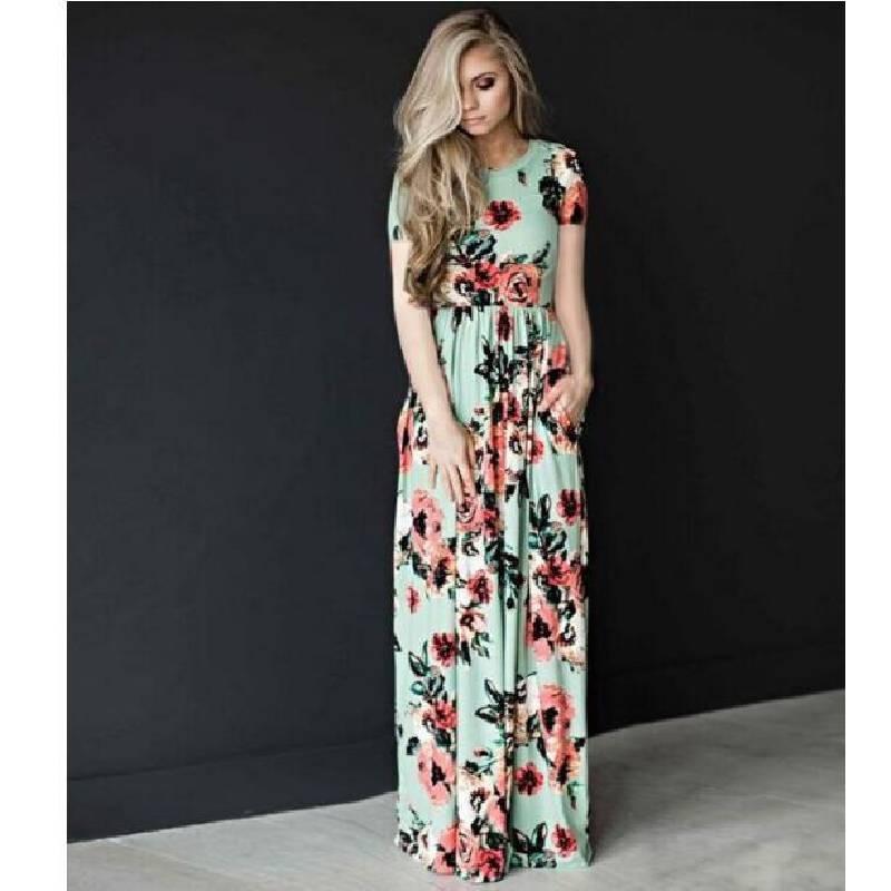 Elegant Summer Floral Print Long Sleeve Dress For Women In White Pink Green And Navy Blue