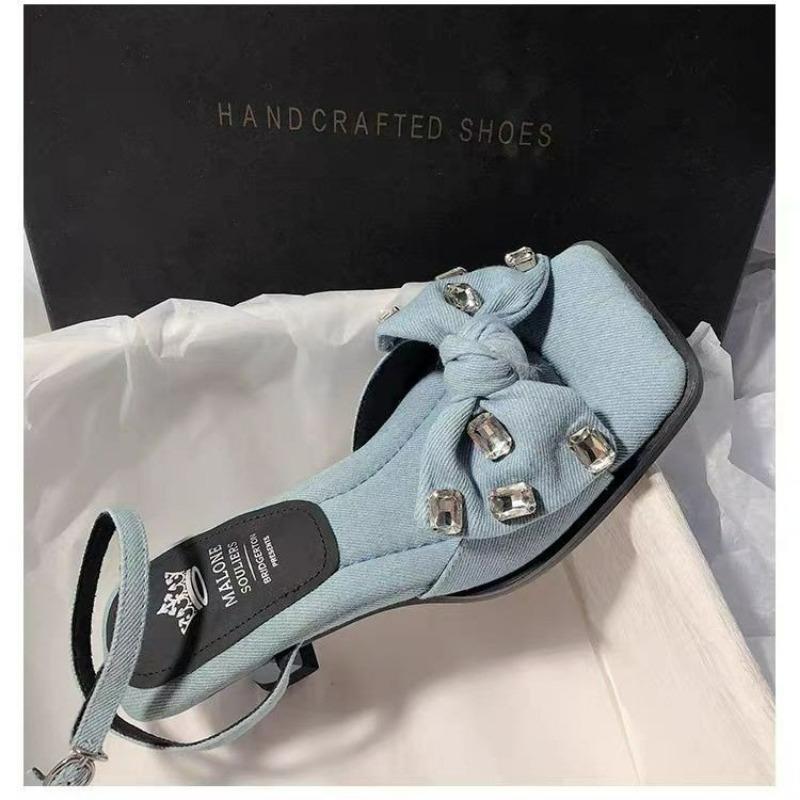 Fashion Summer New High Heels Rhinestone Bow Women's Shoes Square Head Thick Cross Strap One Line Buckle Sandals