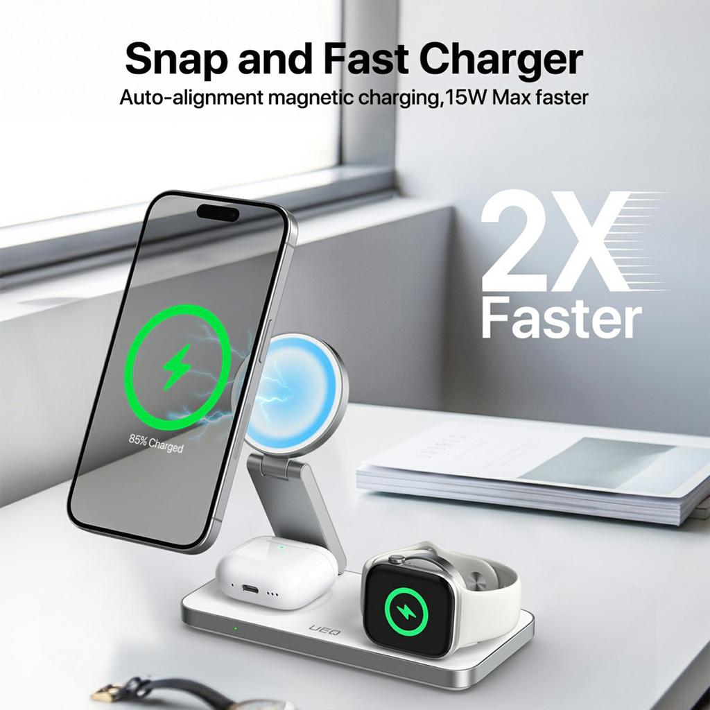 T8 3 in 1 Wireless Charging Station Foldable Charger Stand for iPhone 15-12/Apple Watch/Airpods