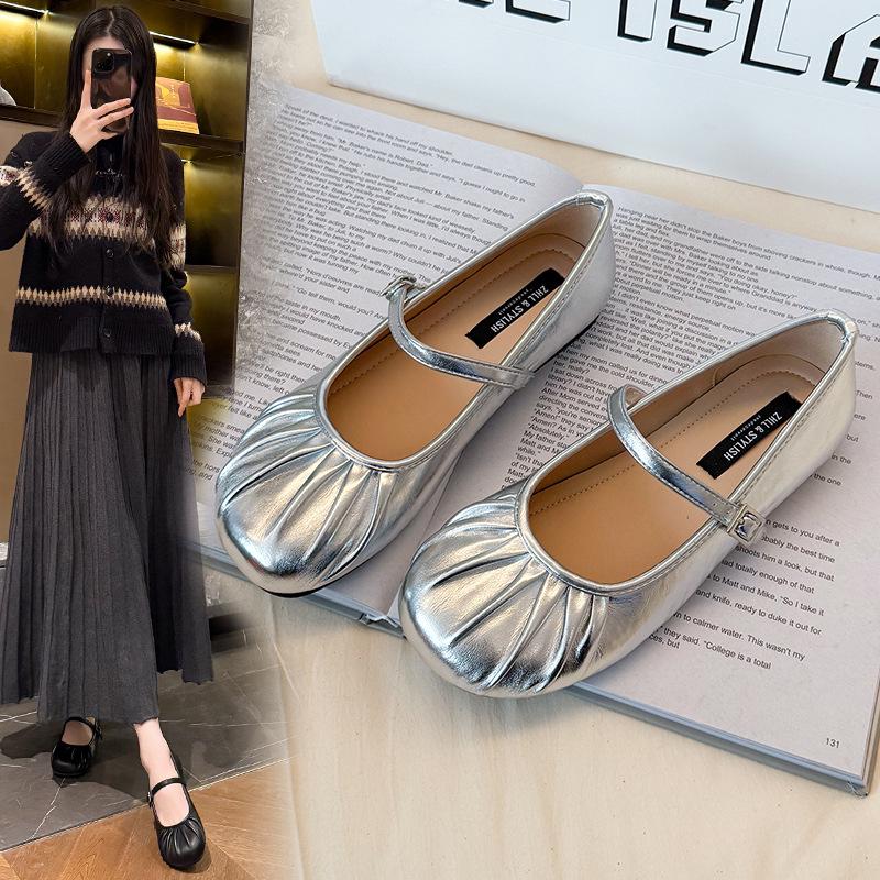

Spring Korean Style Pleated Mary Jane Flats - Round Toe, Wide Fit, Plus Size Women s Shoes 44 абрикосовий