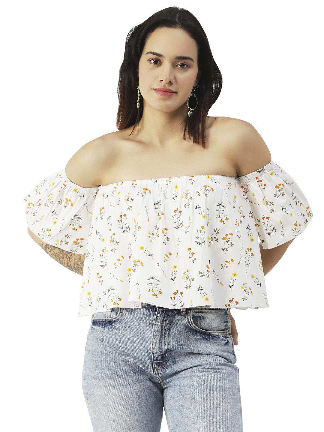 

Moomaya Cotton Printed Off-Shoulder Top Summer Wear Crop Top For Women XS білий