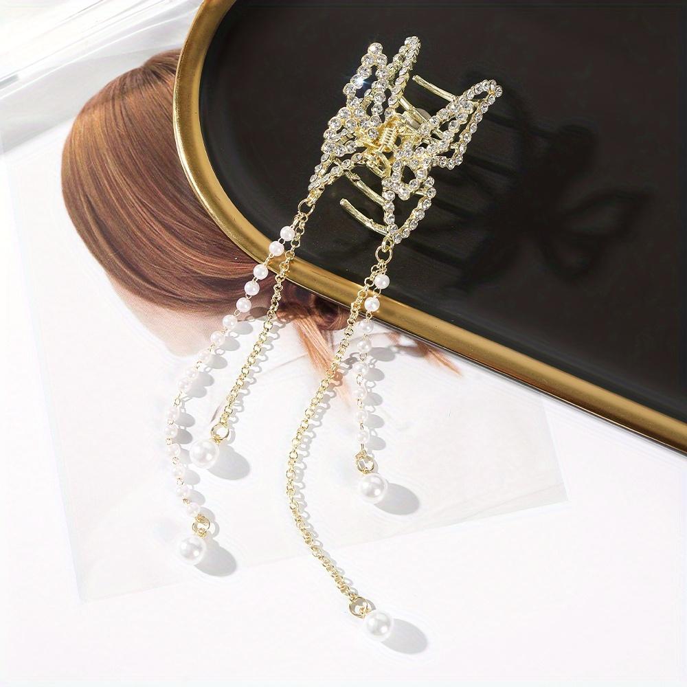 

5.5cm Rhinestone Hollow Butterfly Pearl Tassel Hair Grab жемчужный