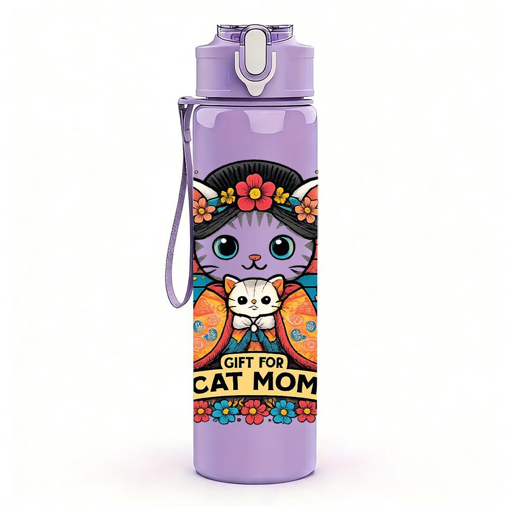 1PC Colorful Cat Mom Art 750ml Color Plastic Sports Water Bottle Leakproof Flip Straw Lid Suitable for Sports Office Home Use