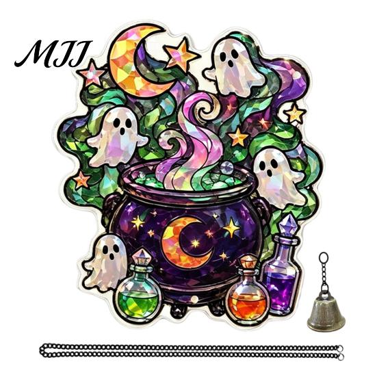Pumpkin Hanging Decoration Halloween Acrylic Decoration, Cartoon Ghost Ornament with Reusable Holiday Ornaments Bell, Suncatcher Decor for Indoor