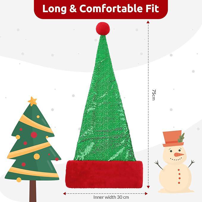New Red Plush Trim Christmas Hat with Green Sequins, 75cm Festive Atmosphere Hat