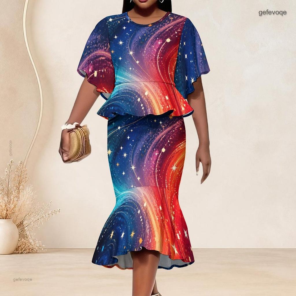 Women Plus Size Two Piece Skirt Set Round Neck Batwing Sleeve Galaxy Printed Ruffle Hem Top Fishtail Skirt