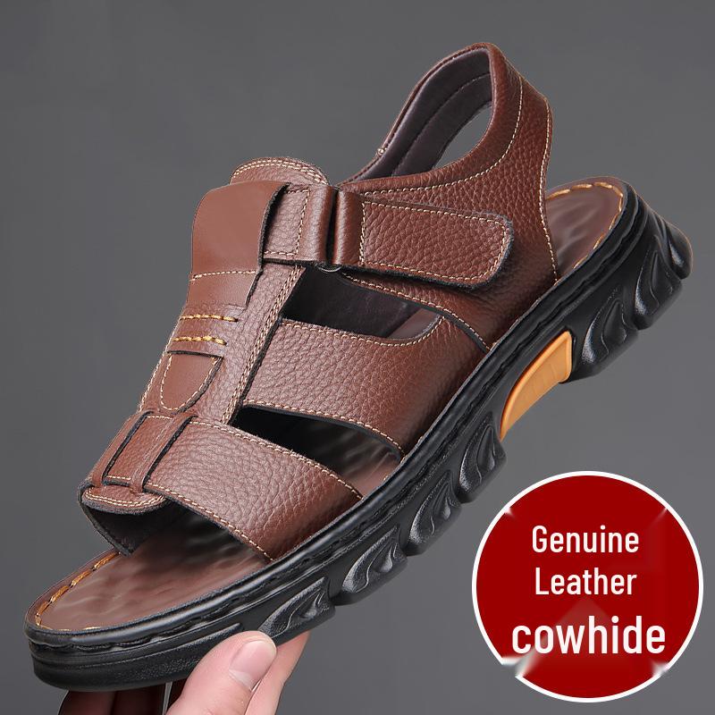 

Мужские сандалии из коровьей кожи больших размеров: Дышащие, Нескользящие, Водонепроницаемые Пляжные Туфли на Липучке для Людей Среднего и Пожилого Возраста. 43 коричневый