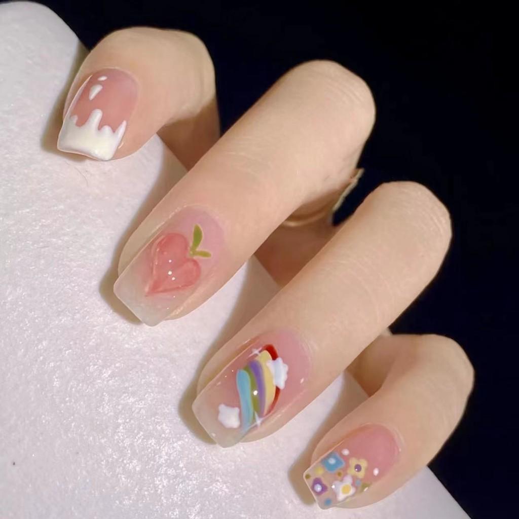 

M Medium Rainbow Peach Handmade Nail Art False Nails Sticker Love Heart Cute Detachable Short 3d Manicure L