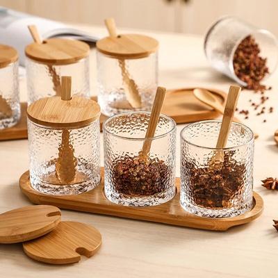 Frascos de vidrio para condimentos, sal, pimienta, con tapa de bandeja de bambú y cuchara, organizador de almacenamiento de especias, frascos y tapas de vidrio, 3/4 Uds.