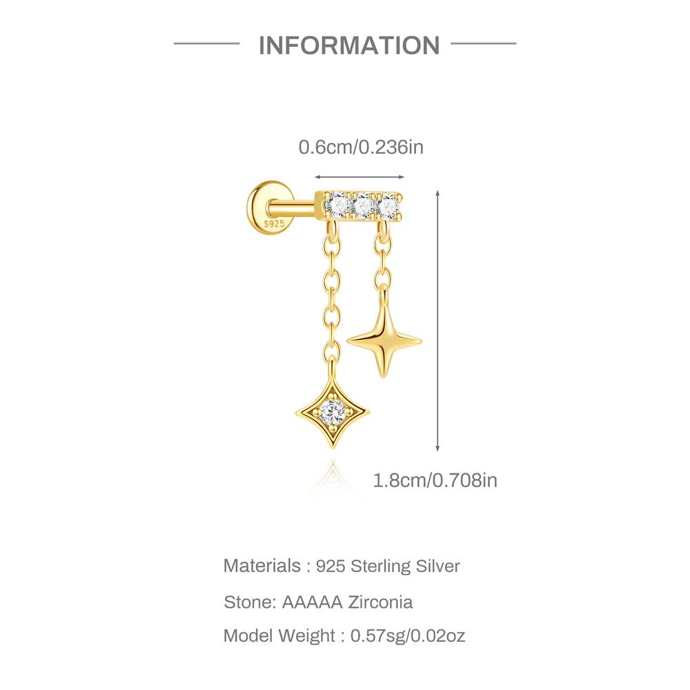 18K Gold S925 Sterling Silver Single Flat Back Piercing Earring Moon Star Tassel Eye Blue Crystal Four Point Star Design