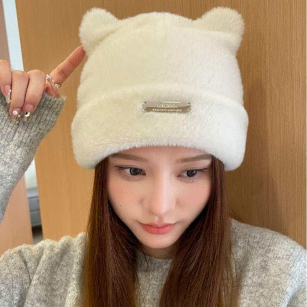 Letter Cat Ears Hat Fluffy Winter Plush Hat Personality Knitted Cap Outdoor
