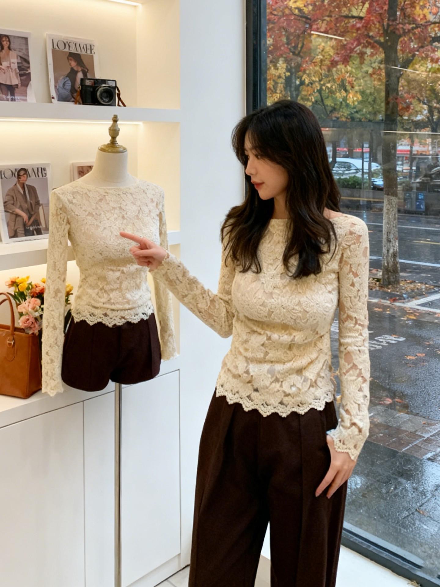 Elegant French Lace Slimming Long-Sleeve Top Medium хаки