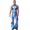 Mens 70s Jumpsuit Shiny Metallic Lapel Collar Sleeveless High Waist Flared Pants Disco Dance Singer Outfit