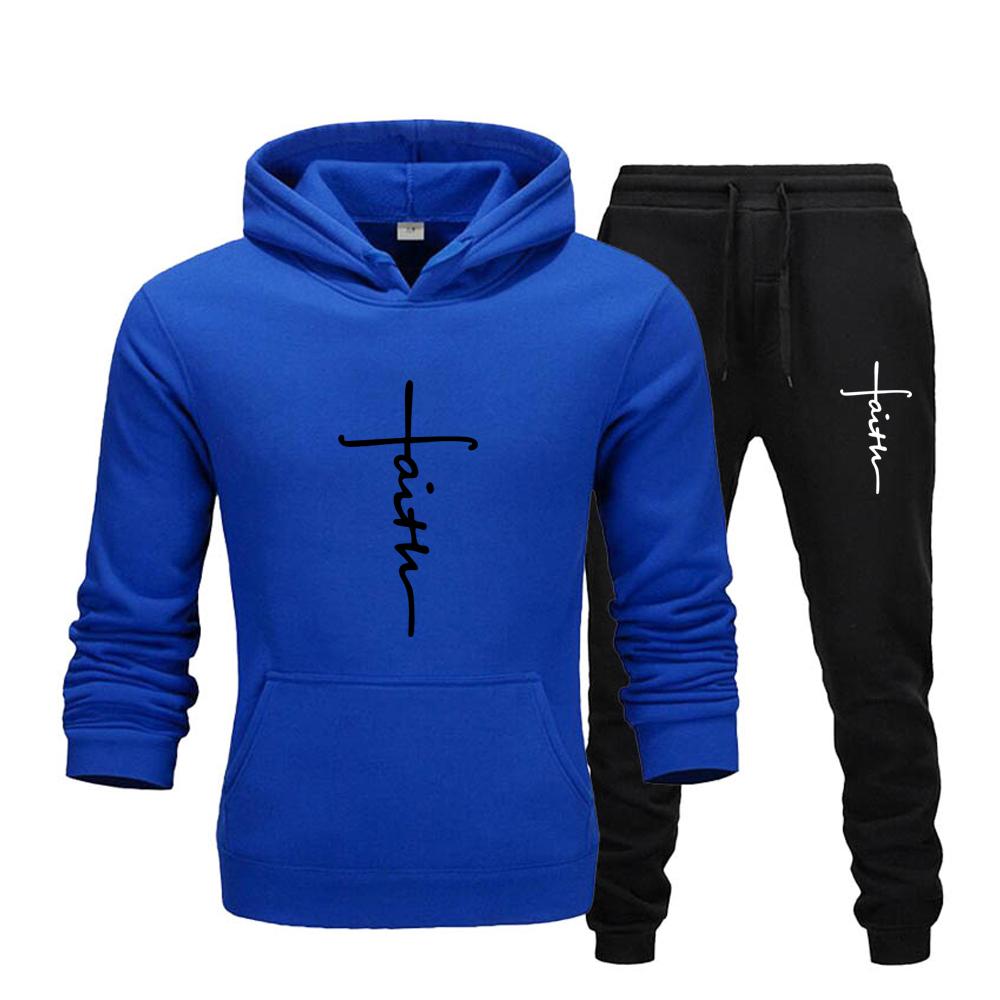 "Faith" Men's Casual Sports Hooded Sweatshirt +Drawstring Pants 2 Pieces Sets  Letter Print Sweatshirt Fleece Hoodie Set Men's