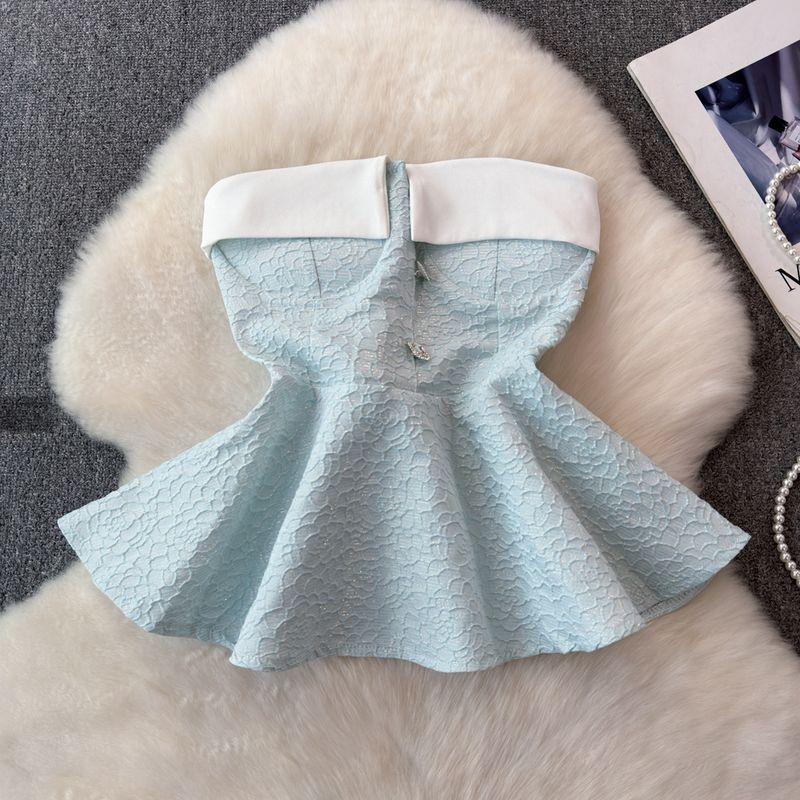 

French Style Pure Pink Texture Stitching Tube Top Vest Women s Summer off-Shoulder Silm Slim Looking Top with Swing Blue One size