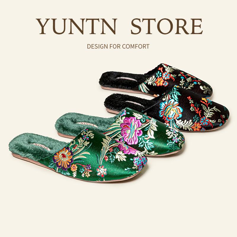 Elegant Winter Indoor Slippers: Embroidered Satin Cotton, Non-Slip Thick Sole, Plus Velvet Warmth for Men & Women
