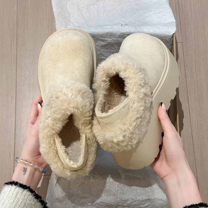 Winter Platform Flats Women Fur Lining Snow Boots Concise Shallow Slip On Shoes Ladies Outdoor Comfort Warm Cotton Short Booties