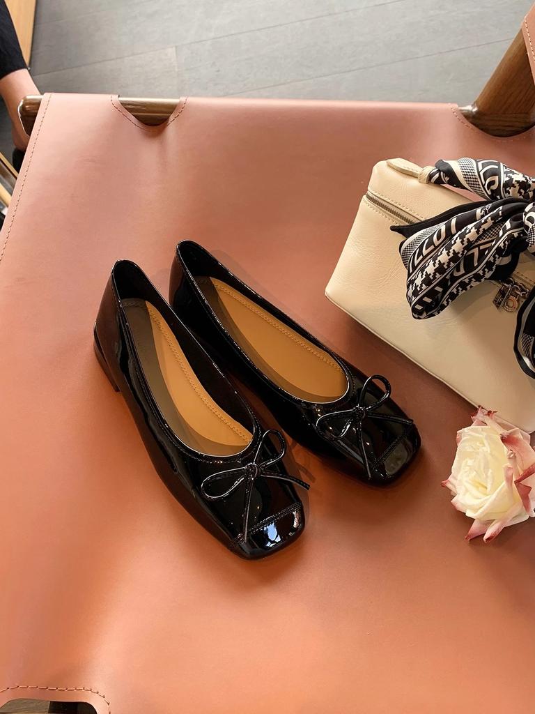 Cowhide Sweet Temperament Versatile Bow Square Head Thick Heel Ballet Style Leather Single Shoes Women