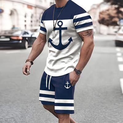 2-piece Men's Anchor Print Summer Vacation Outfit Set, Men's Color Block Short Sleeve T-shirt & Casual Pocket Shorts Set