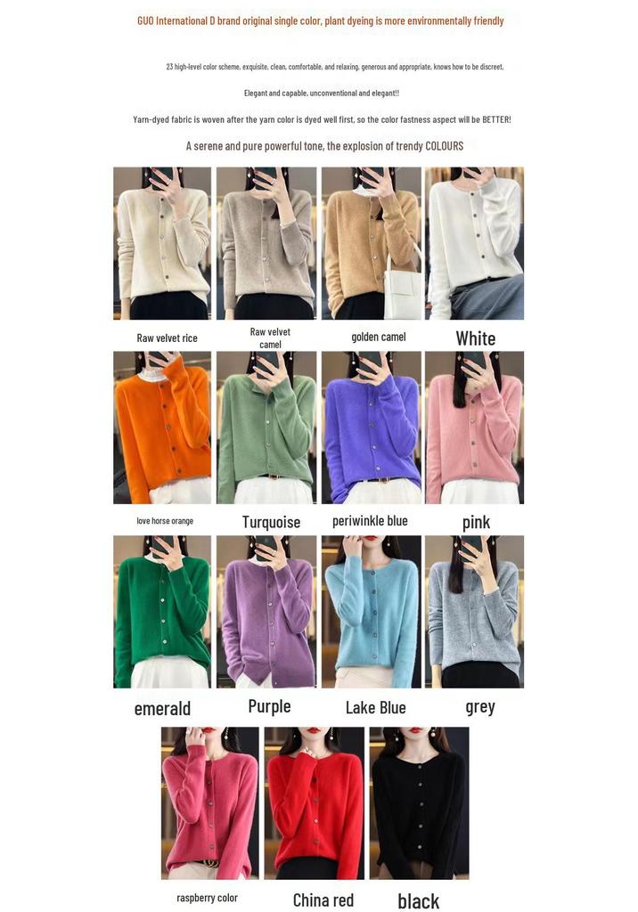 Women's 100% Pure Wool Seamless Round Neck Knit Cardigan for Autumn/Winter