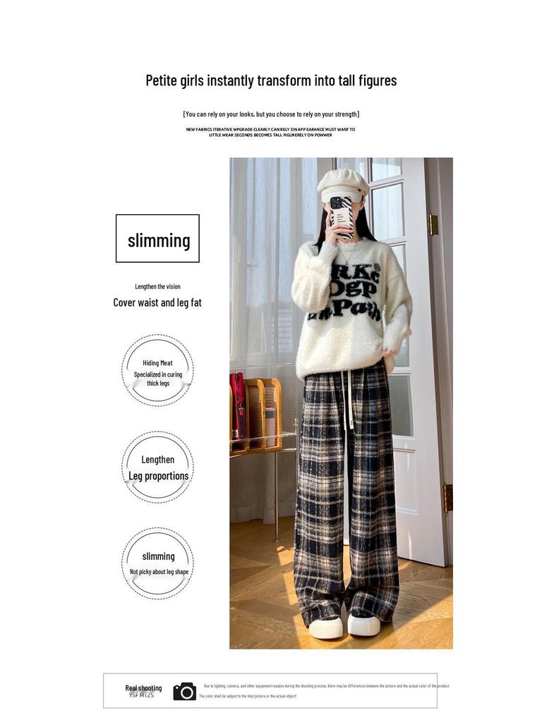 Women's Plaid Velvet-Lined Wide-Leg Pants - Autumn/Winter 2025 Retro Style
