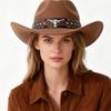 Western Cowboy Hat for Men and Women, Vintage Wide-brimmed Hat with Cow Head Decoration, Belt Style Jazz Hat, Popular Sun Hat