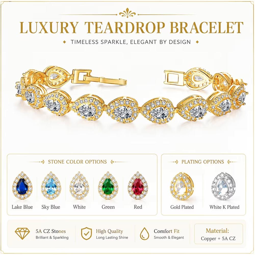 Vintage Teardrop CZ Chain & Link Bracelet Red Women's Zircon Waterdrop Custom Color CZ Stone Silver/Gold Plated Gift for Women