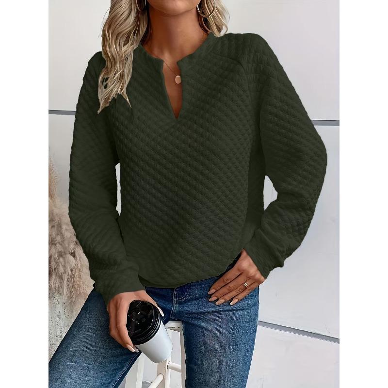 women's Quilted Textured Notch V Neck Raglan Long Sleeve Loose Casual Pullover Sweatshirt Top