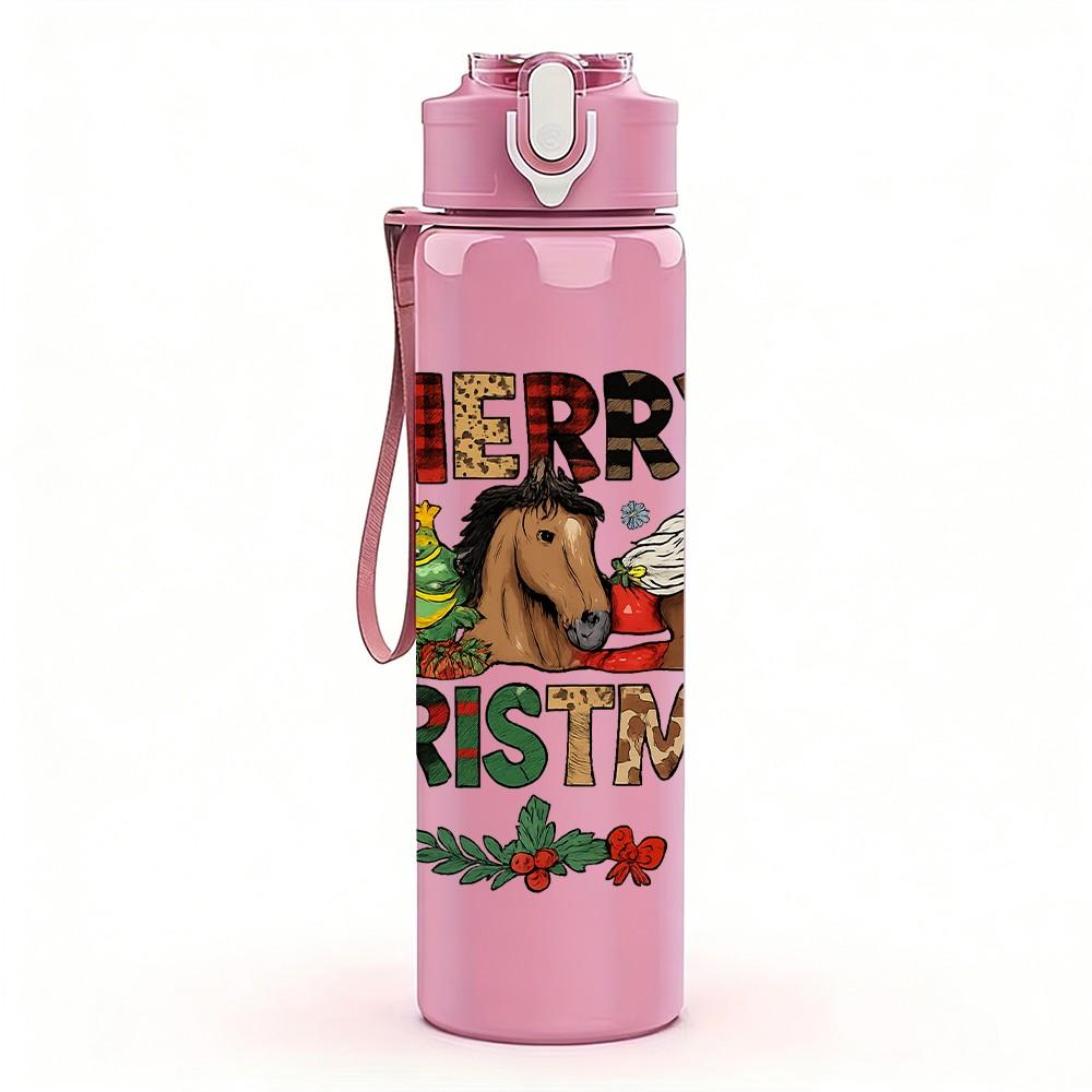 1PC Merry Christmas Horse 750ml Color Plastic Sports Water Bottle Leakproof Flip Straw Lid Suitable for Sports Office Home Use