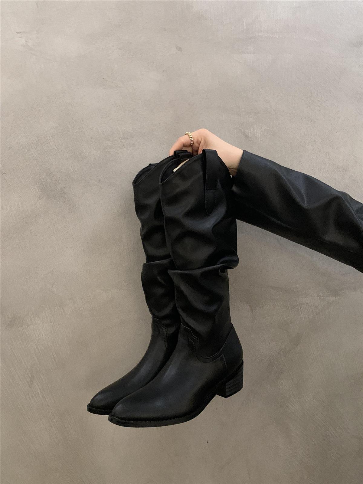 

Винтажные коричневые высокие сапоги с V-образным вырезом, женская обувь 2025 года, весна-осень-зима, остроносые ковбойские сапоги в стиле вестерн 38