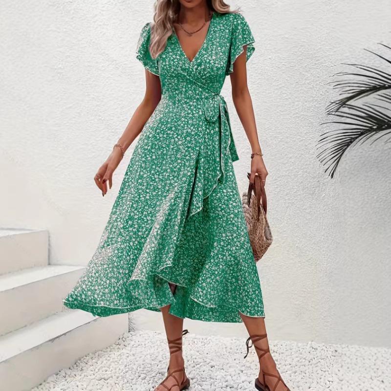 Small floral V-neck cardigan strap short sleeve bohemian pendulum vacation even