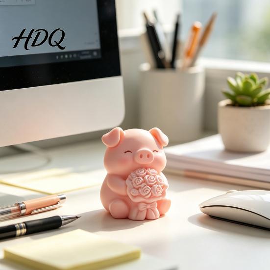 Bedside Table Ornament 3D Printed Pig Figurine with Flower Bouquet Cute Piglet Desktop Rose Piggy Ornament Creative And Statue for Home Office