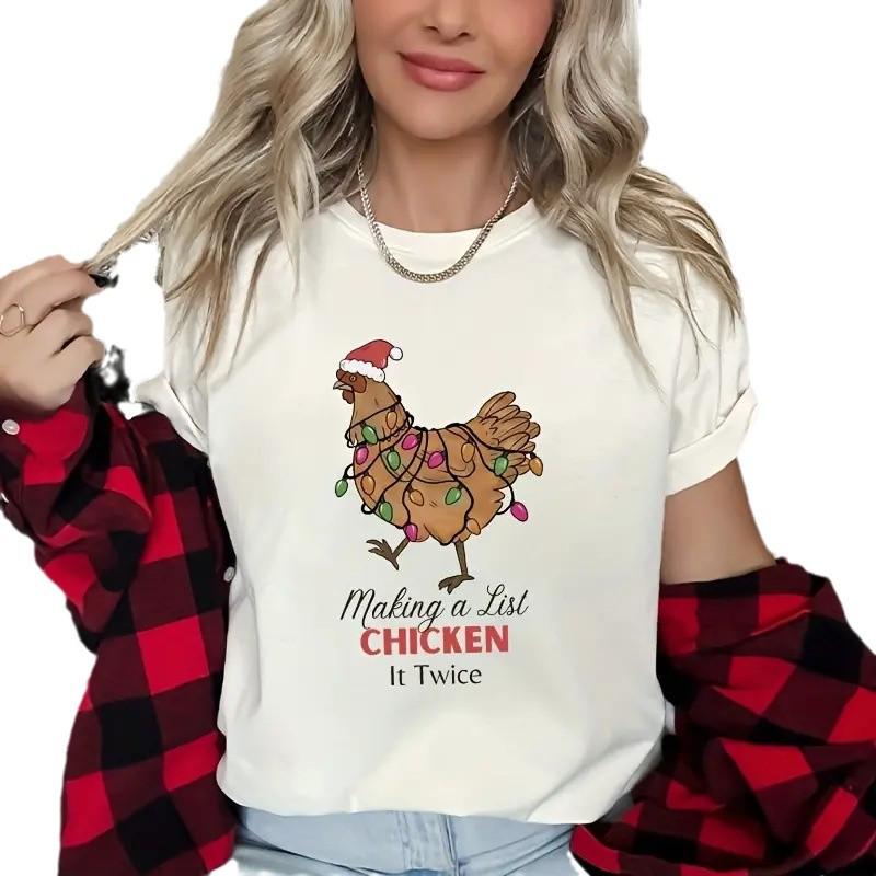 

Курица Рождественский Принт Большой Размер Унисекс Футболка с Круглым Вырезом Свободного Кроя, Пуловер с Коротким Рукавом XXXL белый