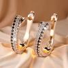 1 Pair of Women'S Golden Oval Double Row Black and White Earrings | 14K Golden Plated, Copper with Synthetic Zirconia, Fashionable and Super Bright