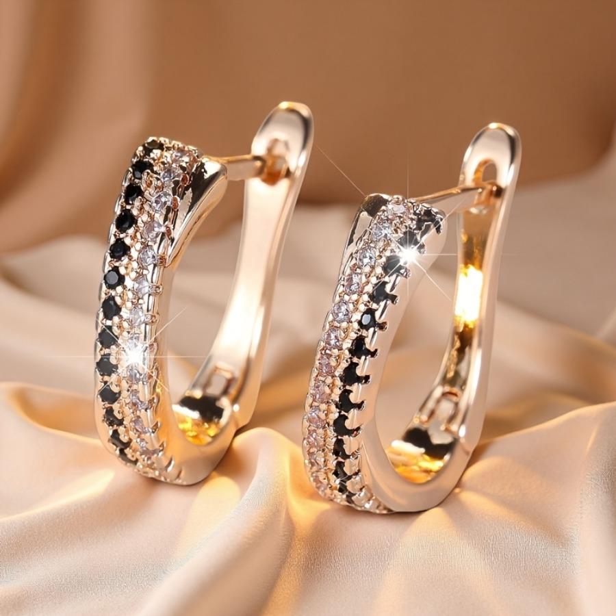 1 Pair of Women'S Golden Oval Double Row Black and White Earrings | 14K Golden Plated, Copper with Synthetic Zirconia, Fashionable and Super Bright