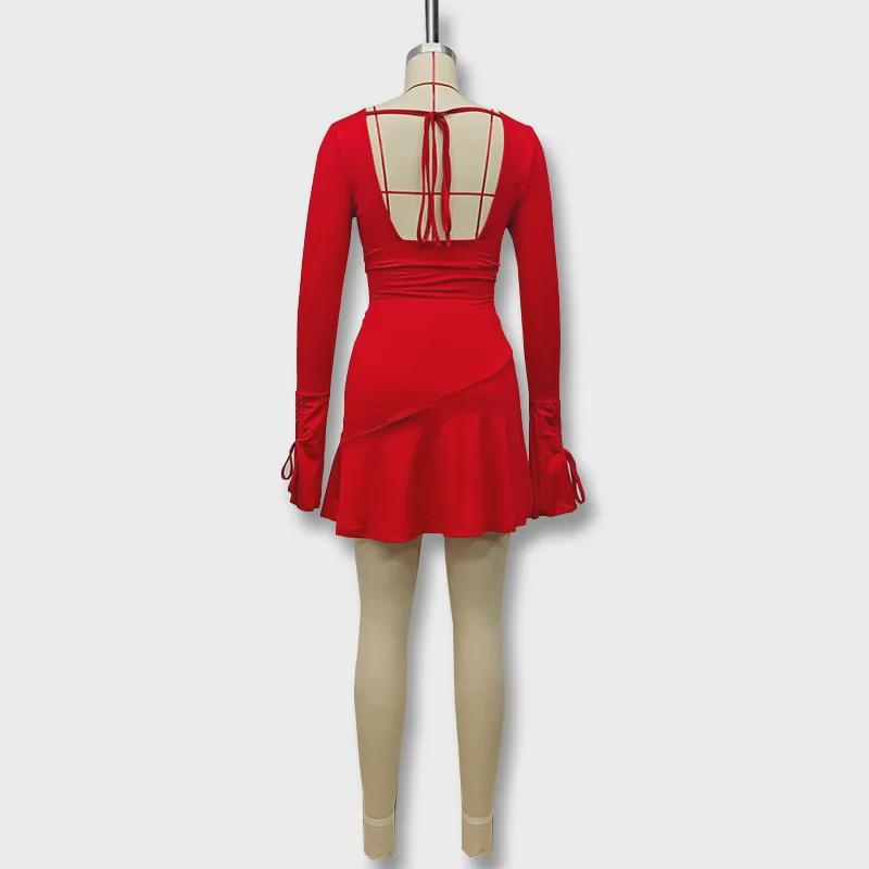 2024 European & American Deep V Long Sleeve Tie-Pleated Backless Dress