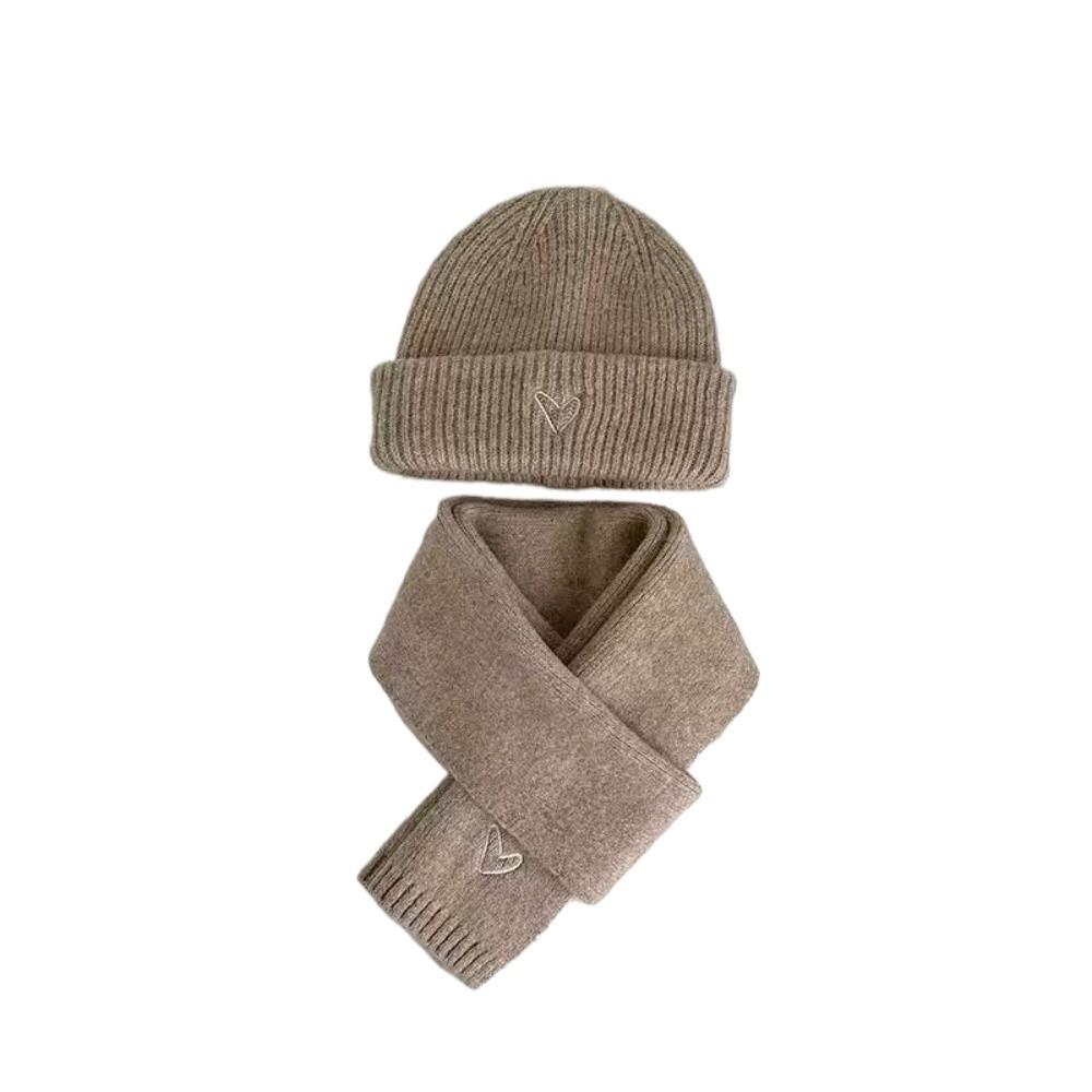 

Любовь Сердце Вышивка Вязаная Шапка Шарф Комплект Однотонный Набор Грелка для Шеи Дети хаки