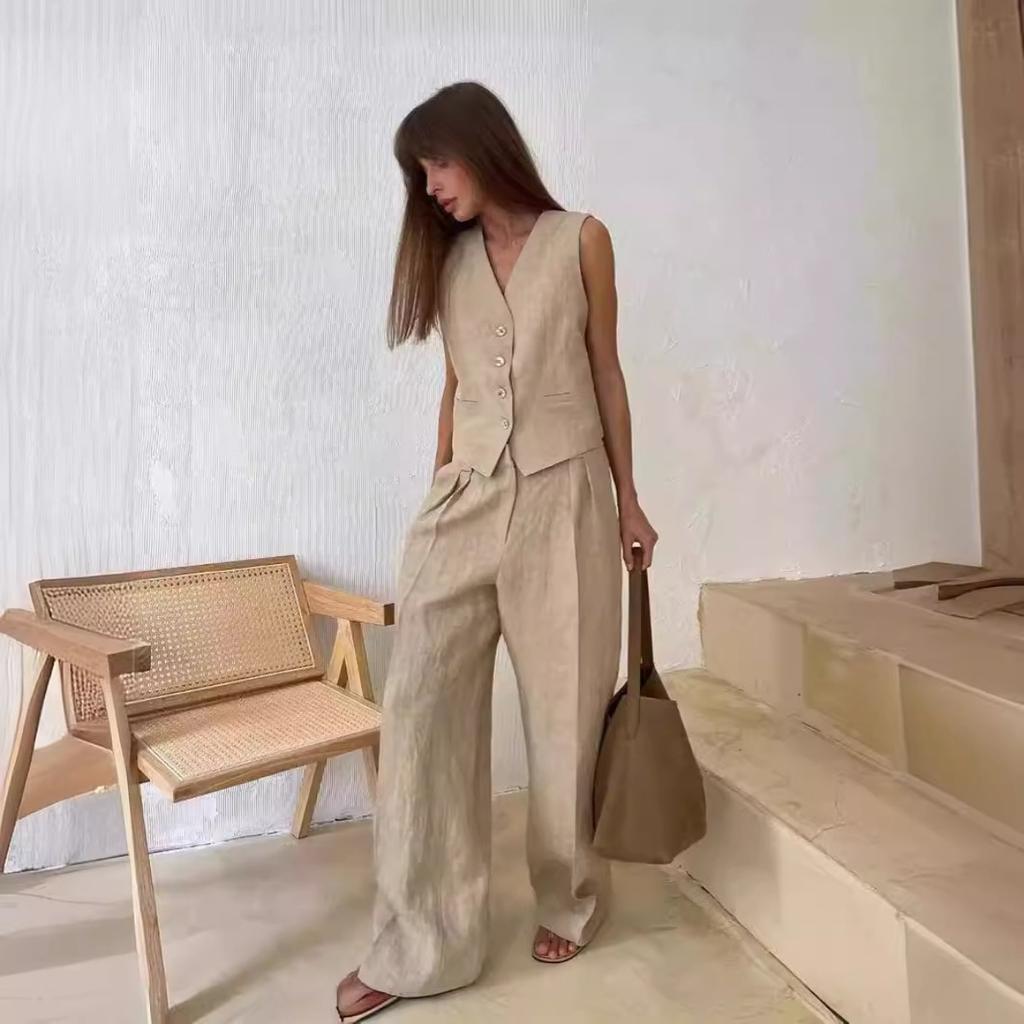Women's Loose Fit Two Piece Pant Suit Sleeveless V Neck Button Vest Low Waist Wide Leg Trousers
