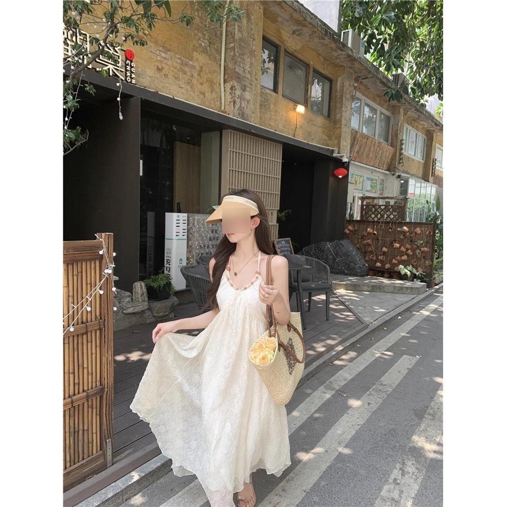 Seaside Vacation Beach Dress Women's Travel Dress White Wear Travel Skirt Long Dress Dopamine