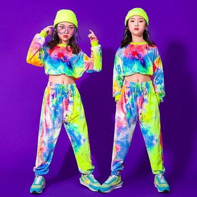 Dziewczyny Hip Hop kolor Graffiti bluza + spodnie do biegania dwuczęściowe garnitury dzieci dziecko Streetwear strój sportowy nastolatki jazz taniec uliczny kostium 4-15 lat